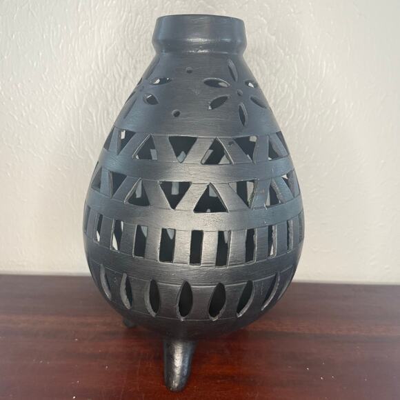Oaxacan Barro Negro Black Pottery Pierced Planter Tripod Base Handmade Mexico - Picture 4 of 6